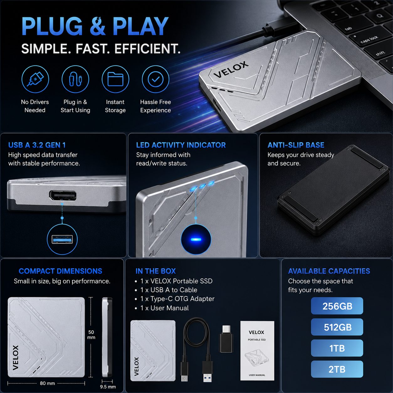 MAYUMI VELOX Portable SSD - External Solid State Drive | USB 3.2 Gen 1 Up to 5 Gbps | Type-C OTG Adapter