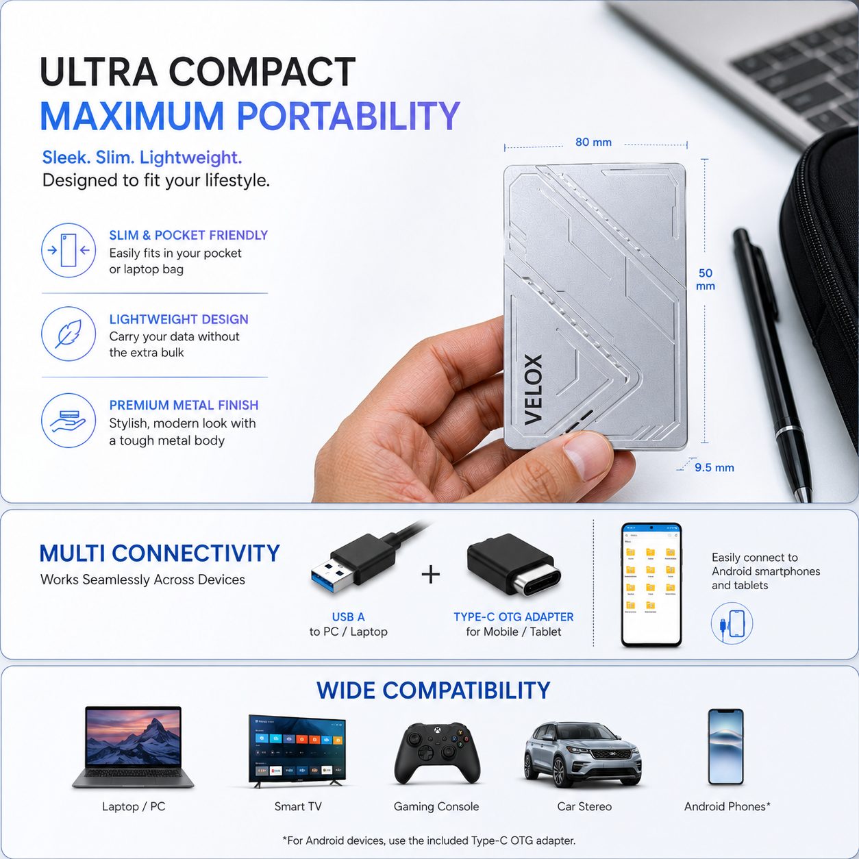 MAYUMI VELOX Portable SSD - External Solid State Drive | USB 3.2 Gen 1 Up to 5 Gbps | Type-C OTG Adapter