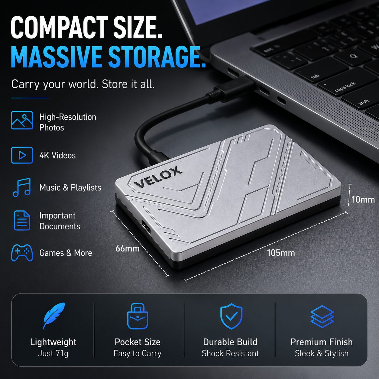 MAYUMI VELOX Portable SSD - External Solid State Drive | USB 3.2 Gen 1 Up to 5 Gbps | Type-C OTG Adapter