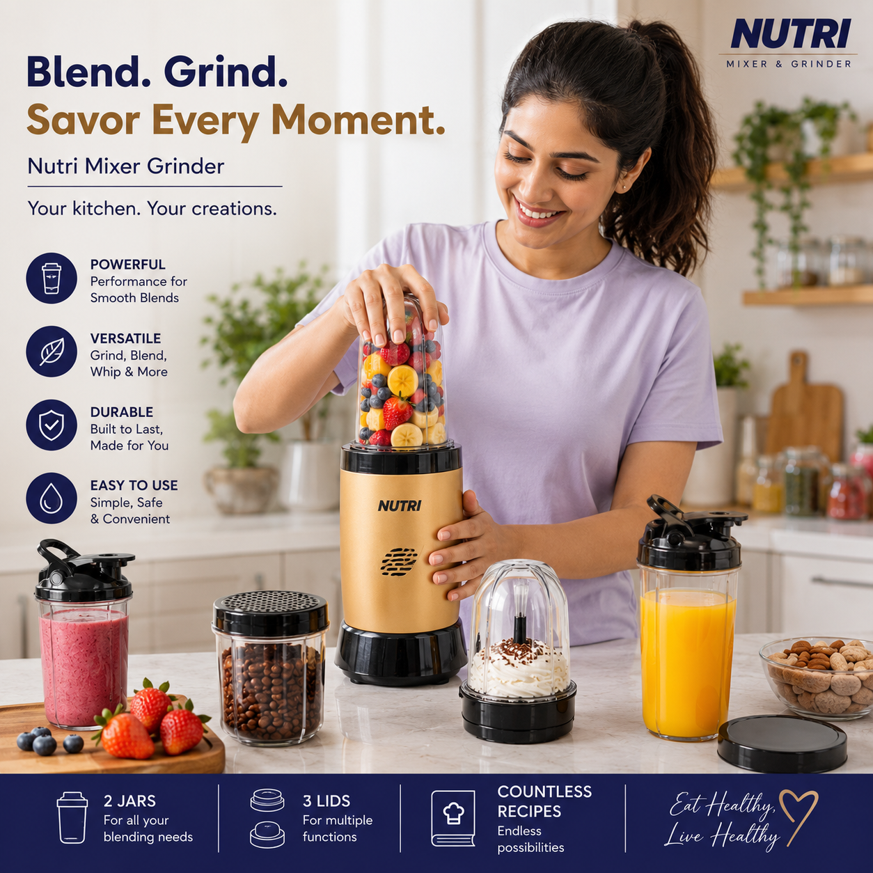 MAYUMI Nutri Express 400W Mixer Grinder & Nutri Blender (Gold)