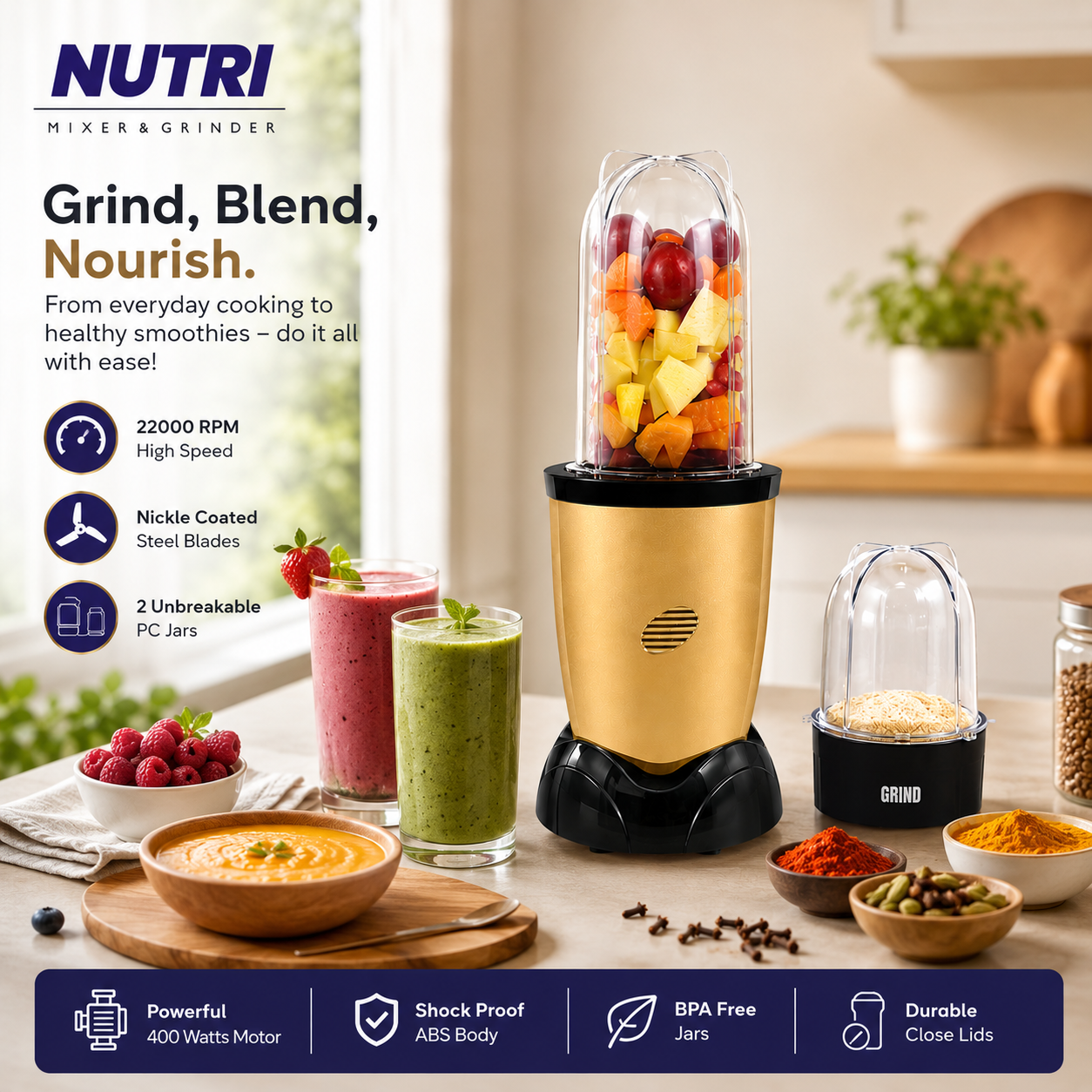 MAYUMI Nutri Express 400W Mixer Grinder & Nutri Blender (Gold)