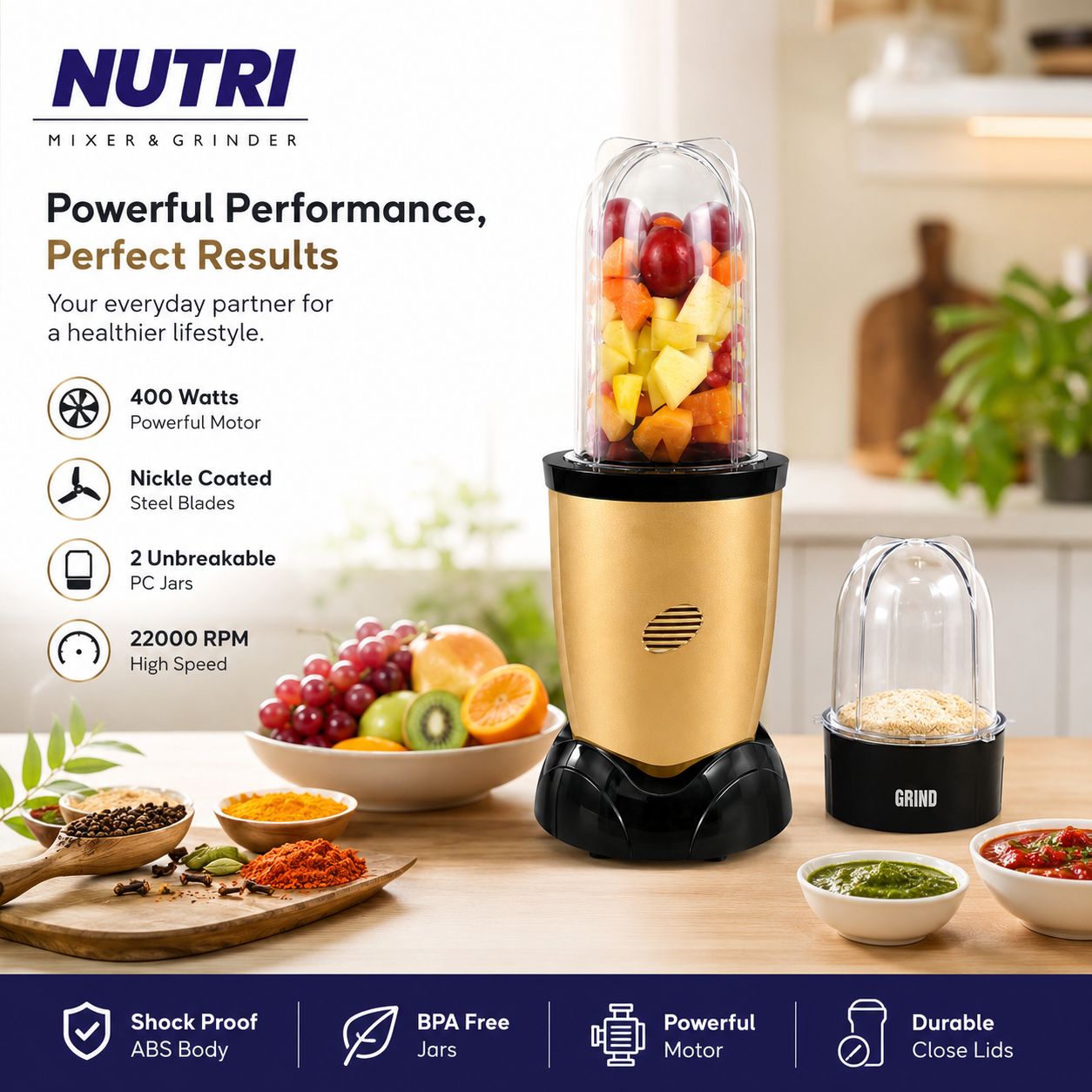MAYUMI Nutri Express 400W Mixer Grinder & Nutri Blender (Gold)