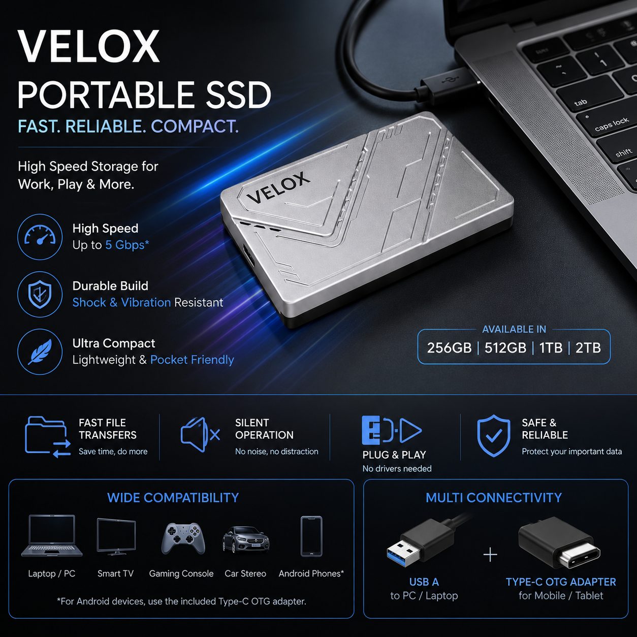 MAYUMI VELOX Portable SSD - External Solid State Drive | USB 3.2 Gen 1 Up to 5 Gbps | Type-C OTG Adapter