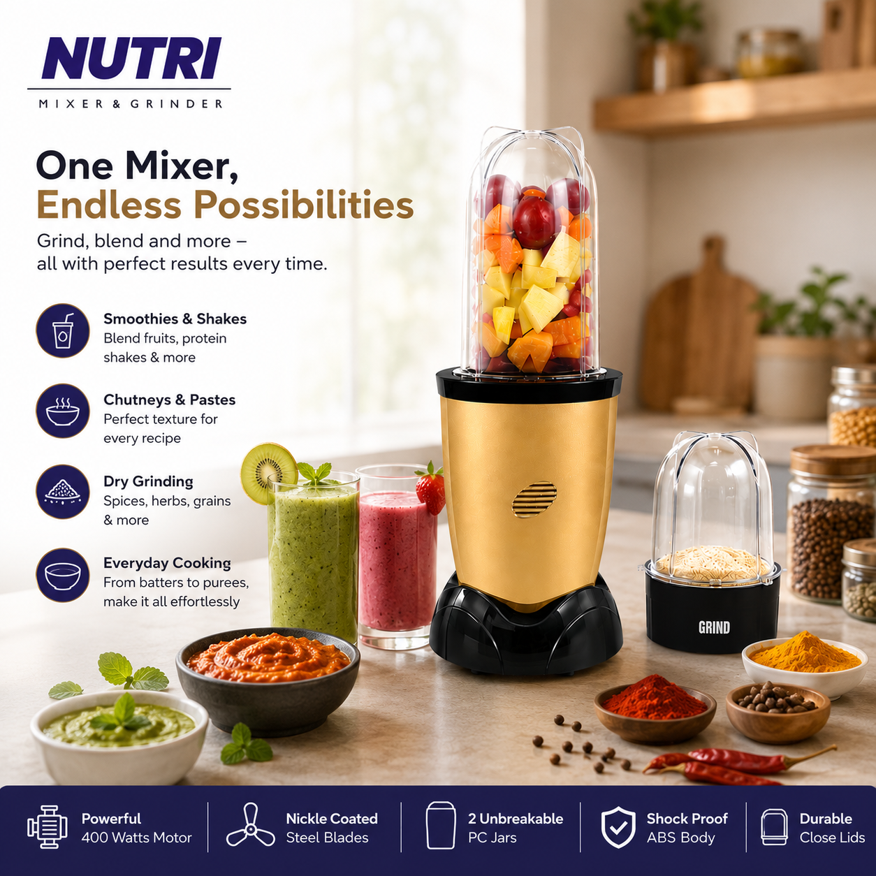 MAYUMI Nutri Express 400W Mixer Grinder & Nutri Blender (Gold)
